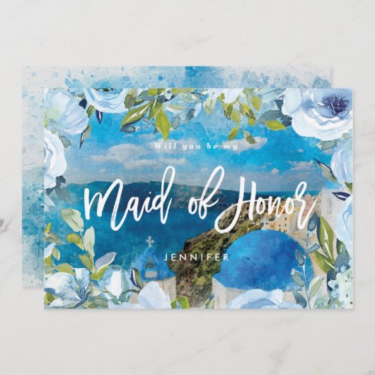 Santorini floral maid of eremandel bedankkaart (Voorkant / Achterkant)