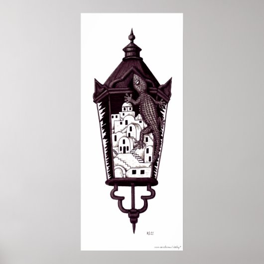 Santorini gekko surreëel concept zwart-wit poster (Voorkant)