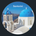 Santorini Greece Coffee Mok Ronde Sticker<br><div class="desc">Blauwe en witte kerk in Oia,  Santorini,  Griekenland</div>