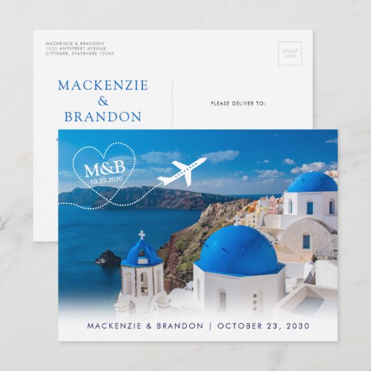 Santorini Greece Destination Wedding Save the Date Aankondigingskaart (Voorkant / Achterkant)