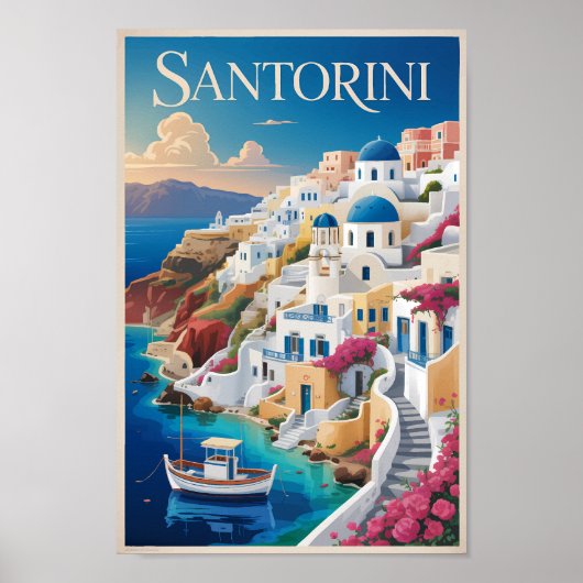 Santorini Greece Illustration Travel Art Vintage Poster (Voorkant)