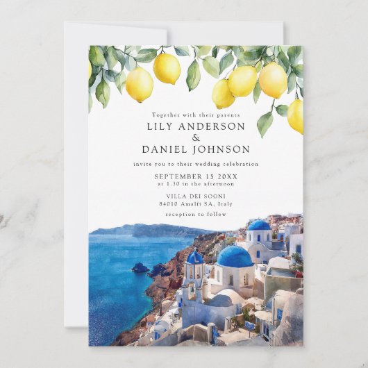 Santorini Greece Lemons QR Code Wedding Kaart (Voorkant)