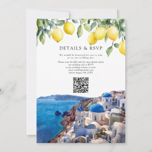Santorini Greece Lemons QR Code Wedding Kaart (Achterkant)