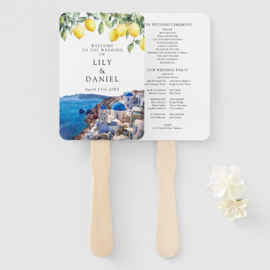 Santorini Greece Lemons Watercolor Wedding Program Handwaaier (Voorkant en achterkant)