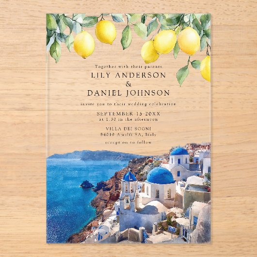 Santorini Greece Lemons Wedding Acryl Uitnodigingen (Voorkant)