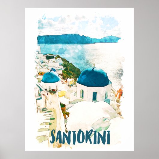 Santorini Greece Travel Waterverf Poster (Voorkant)