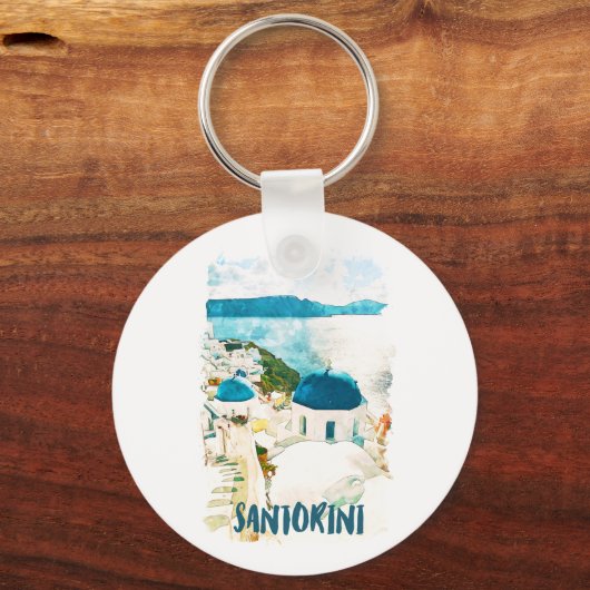 Santorini Greece Travel Waterverf Sleutelhanger (Voorkant)