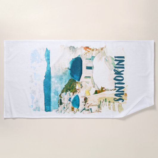 Santorini Greece Travel Waterverf Strandlaken (Voorkant)