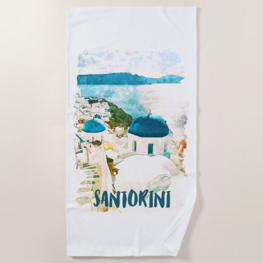 Santorini Greece Travel Waterverf Strandlaken (Voorkant)