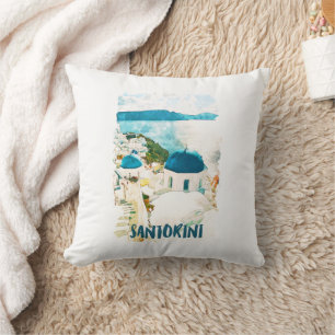 Santorini Greece Vintage Travel Waterverf Kussen