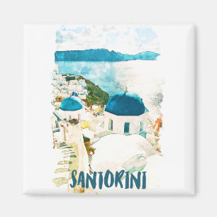 Santorini Greece Vintage Travel Waterverf Magneet