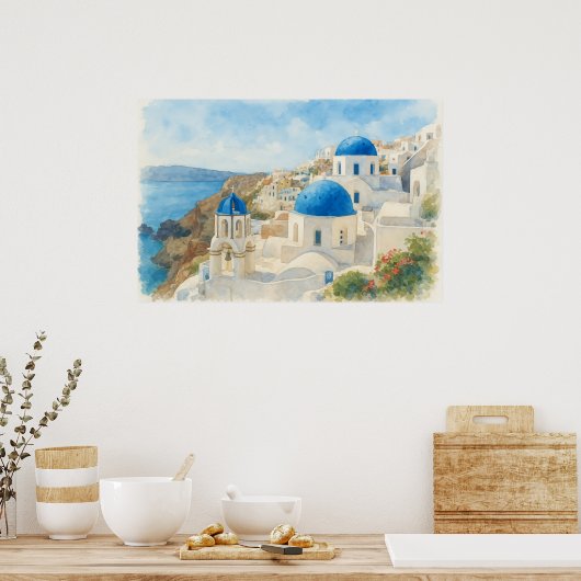 Santorini Greece Watercolor  Blue Dome Church Art Poster (Keuken)