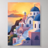 Santorini, Greece | Watercolor Coastline Sunset Poster (Voorkant)