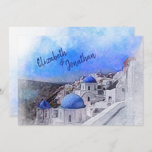 Santorini Greece Waterverf Destination Wedding Kaart (Voorkant / Achterkant)