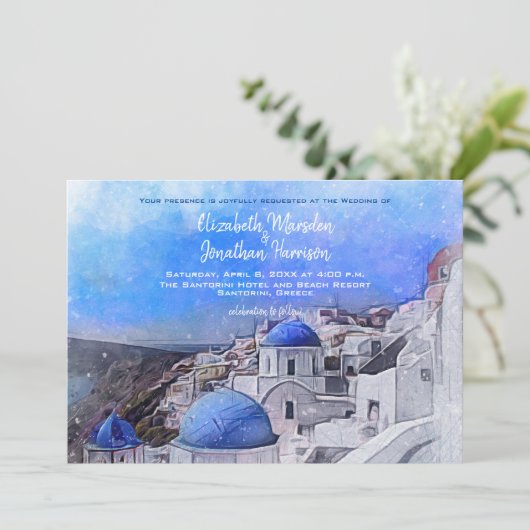 Santorini Greece Waterverf Destination Wedding Kaart (Staand voorkant)