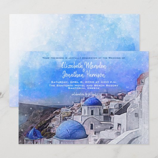 Santorini Greece Waterverf Destination Wedding Kaart (Voorkant / Achterkant)