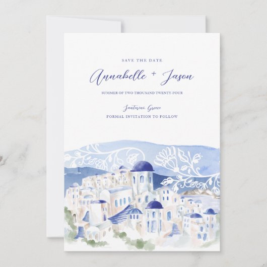 Santorini Greece Waterverf Destination Wedding Save The Date (Voorkant)