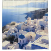 Santorini Greece Waterverf Painting Douchegordijn (Voorkant)