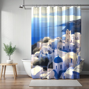 Santorini Greece Waterverf Painting Douchegordijn