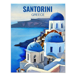 Santorini Greece Waterverf Painting Foto Afdruk