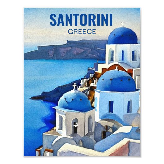 Santorini Greece Waterverf Painting Foto Afdruk (Voorkant)