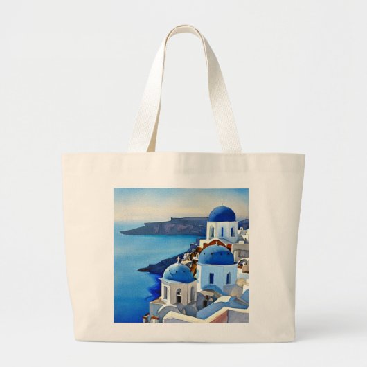 Santorini Greece Waterverf Painting Grote Tote Bag (Voorkant)