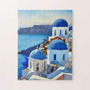 Santorini Greece Waterverf Painting Legpuzzel