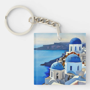 Santorini Greece Waterverf Painting Sleutelhanger