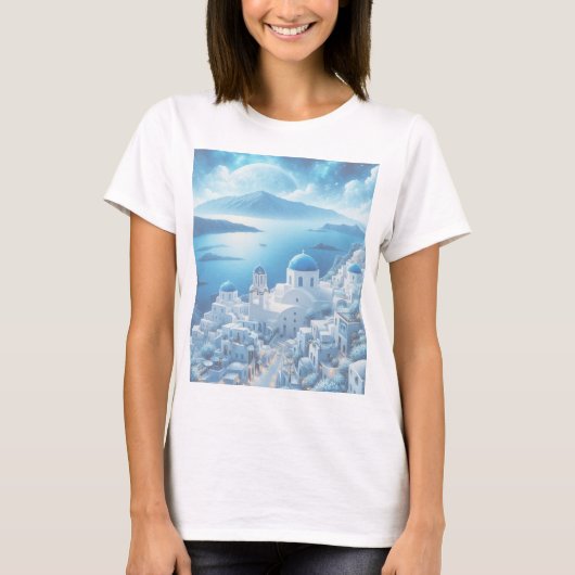 Santorini Greece Waterverf Painting T-shirt (Voorkant)