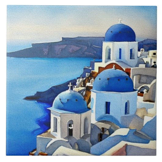 Santorini Greece Waterverf Painting Tegeltje (Voorkant)
