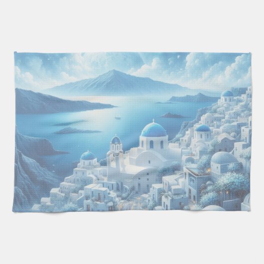 Santorini Greece Waterverf Painting Theedoek (Horizontaal)