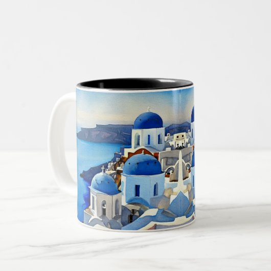 Santorini Greece Waterverf Painting Tweekleurige Koffiemok (Voorkant links)