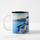 Santorini Greece Waterverf Painting Tweekleurige Koffiemok (Links)
