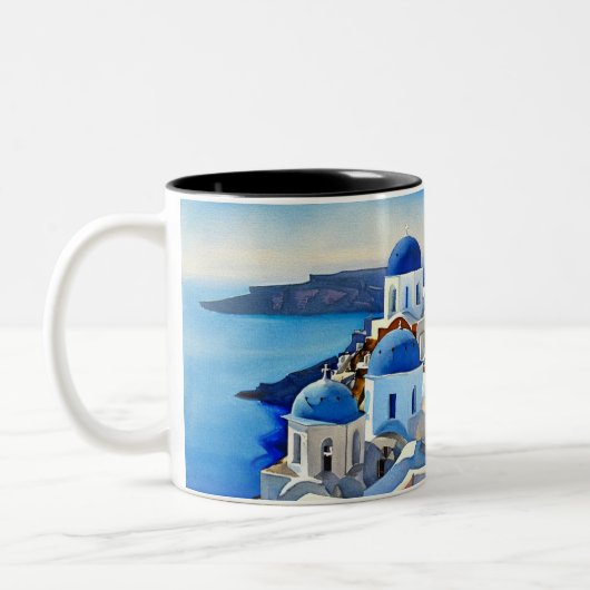 Santorini Greece Waterverf Painting Tweekleurige Koffiemok (Links)
