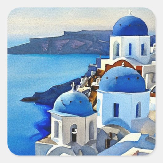 Santorini Greece Waterverf Painting Vierkante Sticker (Voorkant)