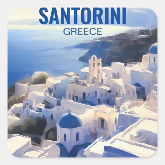 Santorini Greece Waterverf Painting Vierkante Sticker (Voorkant)