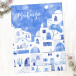 Santorini Greece Waterverf Personalized Briefkaart<br><div class="desc">Een hedendaags waterverf schilderij van het Griekse eiland Santorini. Originele kunst van Nic Squirrell. Wijzig de naam om deze te personaliseren.</div>