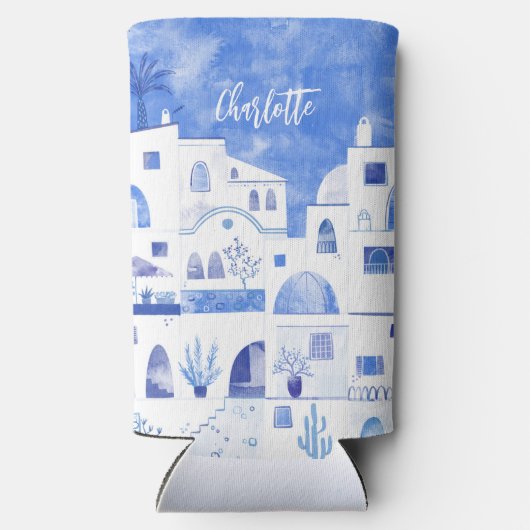 Santorini Greece Waterverf Personalized Seltzer Blikjeskoeler (Achterkant)