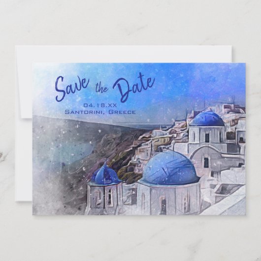 Santorini Griekenland Aquarel Bestemming Huwelijk Save The Date (Voorkant)