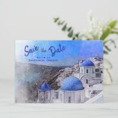 Santorini Griekenland Aquarel Bestemming Huwelijk Save The Date (Staand voorkant)