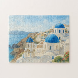 Santorini Griekenland Aquarel Blauwe Koepelkerk Ku Legpuzzel
