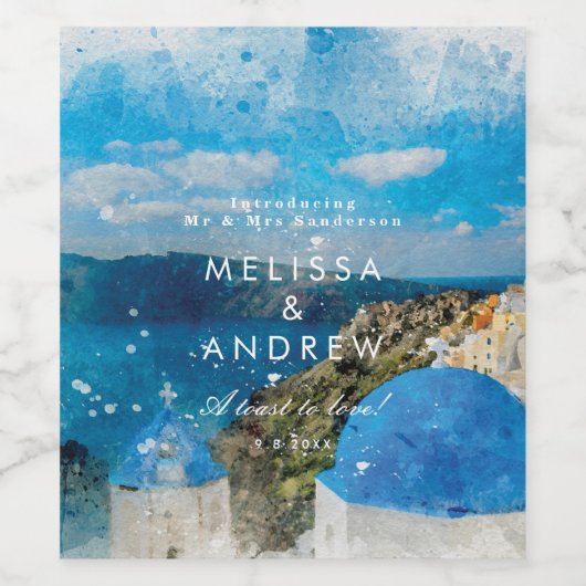 Santorini Griekenland aquarel bruiloft wijn fles Wijn Etiket (Enkel label)