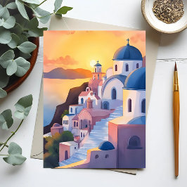 Santorini, Griekenland | Aquarel Kustlijn Zonsonde Briefkaart