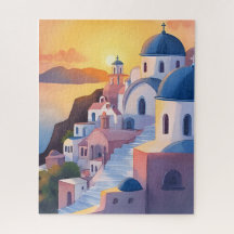 Santorini, Griekenland | Aquarel Kustlijn Zonsonde