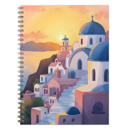 Santorini, Griekenland | Aquarel Kustlijn Zonsonde Notitieboek