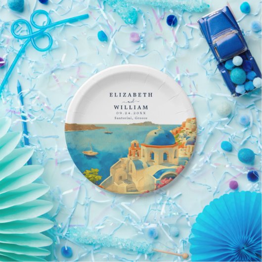 Santorini Griekenland Aquarel Silhouet Trouwdag Papieren Bordje (Feest)