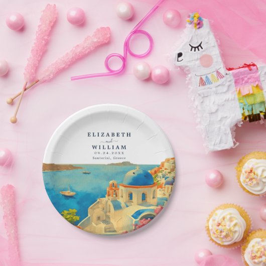 Santorini Griekenland Aquarel Silhouet Trouwdag Papieren Bordje (Feest)