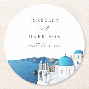 SANTORINI GRIEKENLAND Aquarel Silhouette Bestemmin Ronde Kartonnen Onderzetter