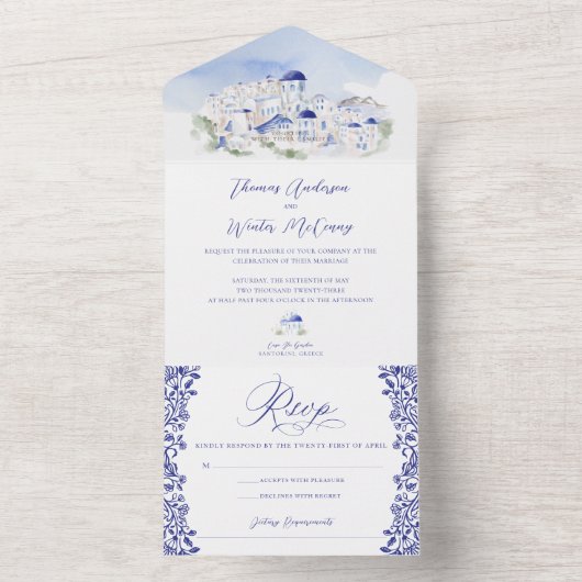 Santorini Griekenland Architectuur Waterverf Bruil All In One Uitnodiging (Binnen)