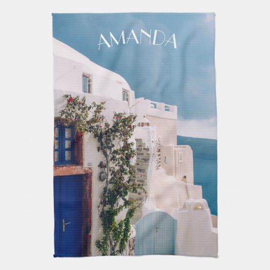 Santorini Griekenland - blauwe deur naar het griek Theedoek (Verticaal)